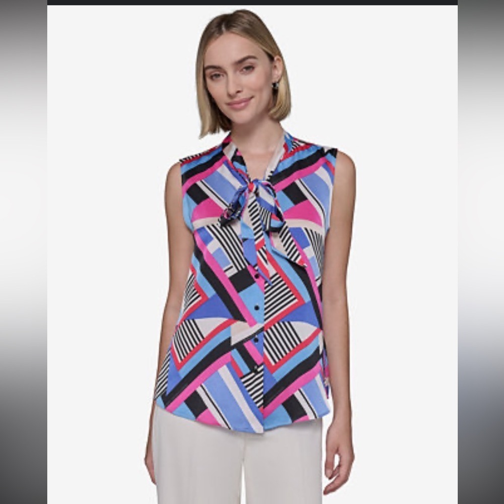 KARL LAGERFELD PARIS Women's Crepe Geo-Print Tie-Neck Blouse - Pink/ Blue XL
